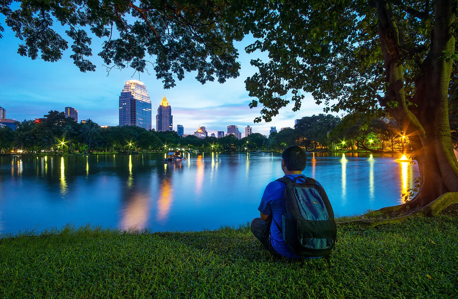 The lake in Lumphini Park in Bangkok at dusk, lit office towers standing beyond the far shore and their reflections running across the water, framed by the branches of a large tree on the grass bank