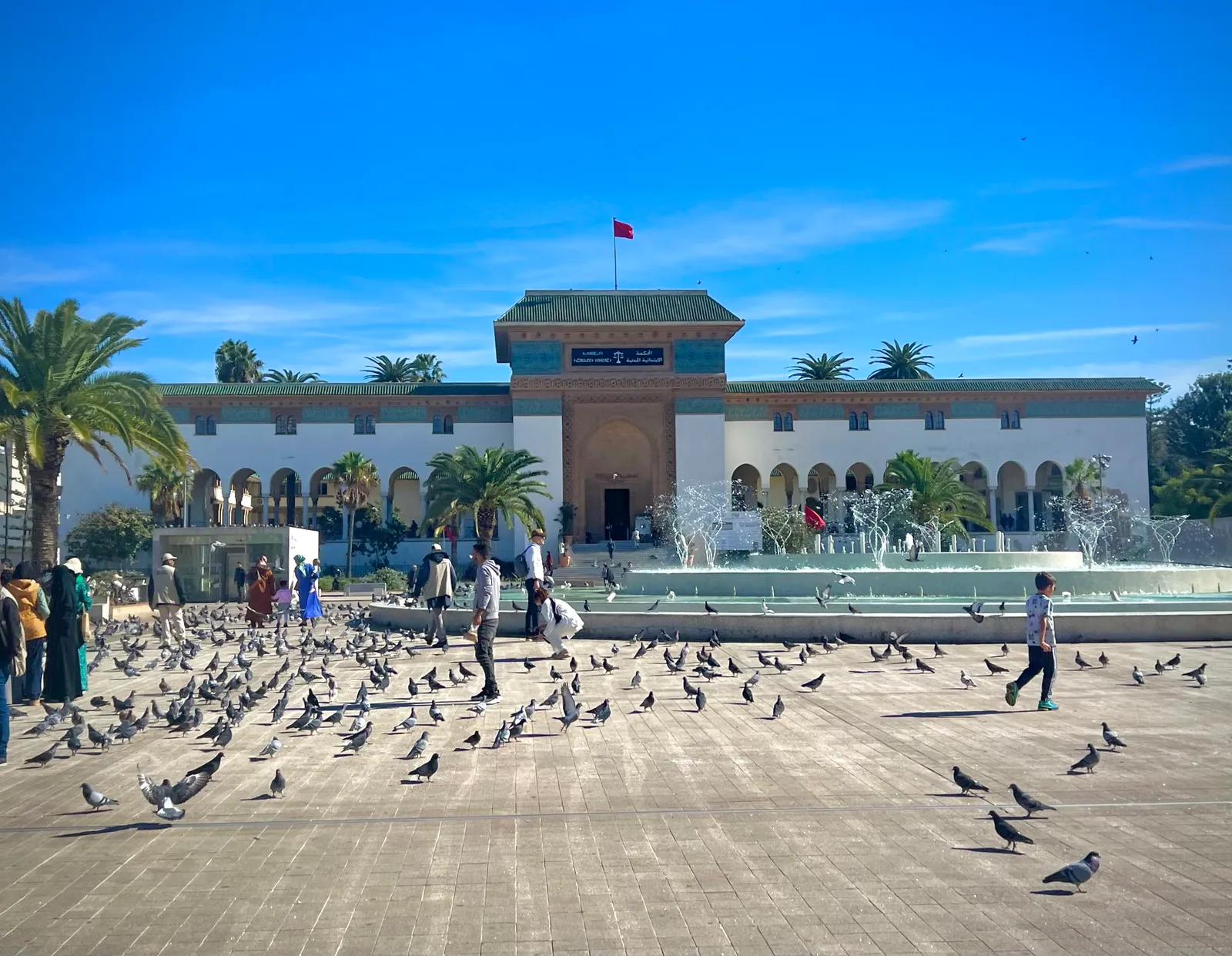 Mohammed V Square in Casablanca, the courthouse with its green tiled roof and Moroccan flag standing behind a wide fountain, palms along both sides and pigeons covering the paving in the foreground