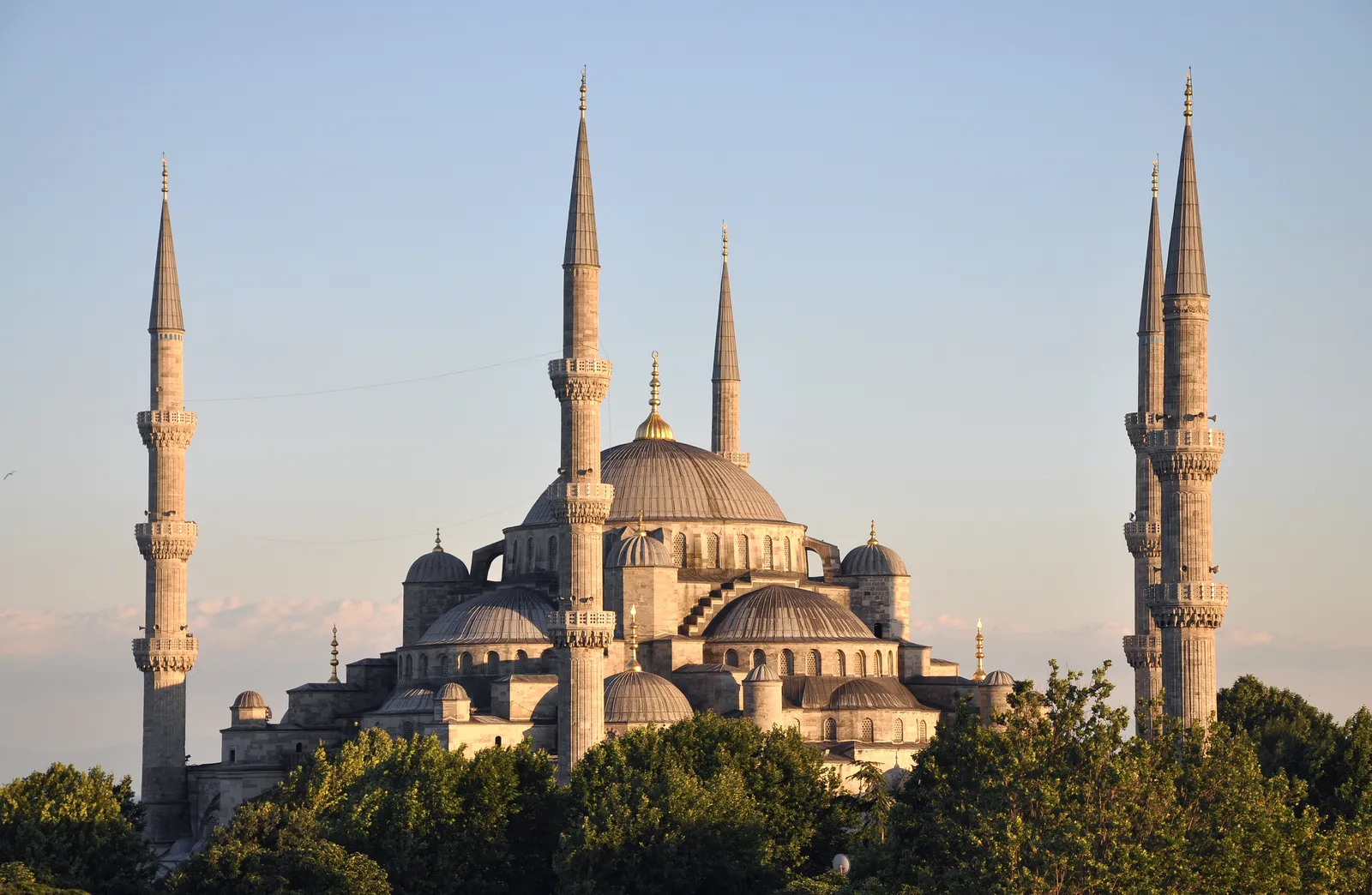 The Blue Mosque in late afternoon light, its cascade of grey lead domes stepping up to the central dome, with six pencil-thin minarets around it and trees along the bottom of the frame