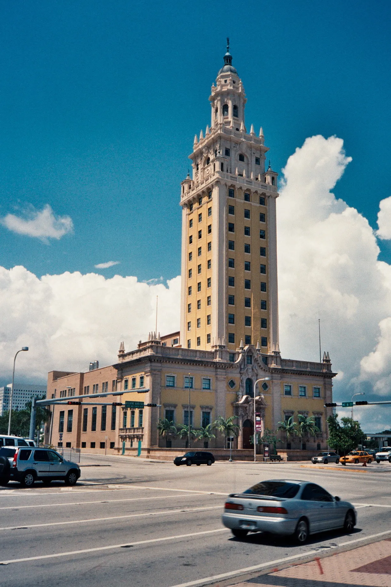 The Freedom Tower in downtown Miami, a cream-colored Mediterranean Revival tower with an ornate spired top