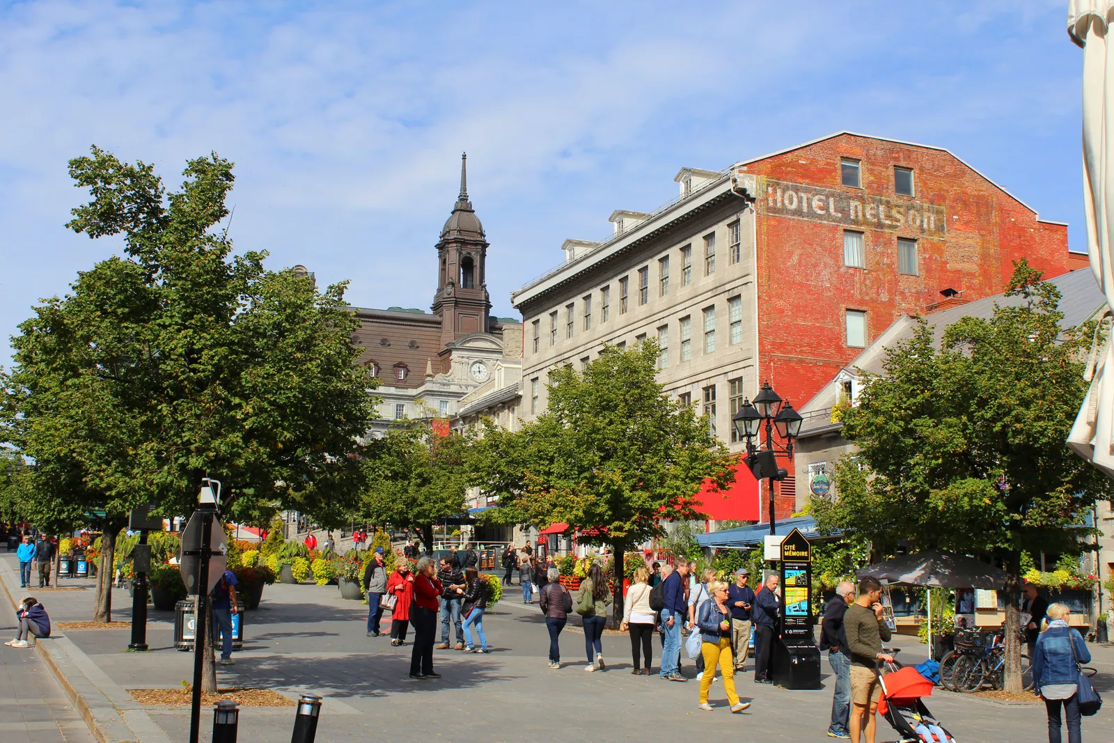 Place Jacques-Cartier in Old Montreal with people walking the sloping pedestrian square, trees and lamp posts along it and the painted Hotel Nelson wall on the right