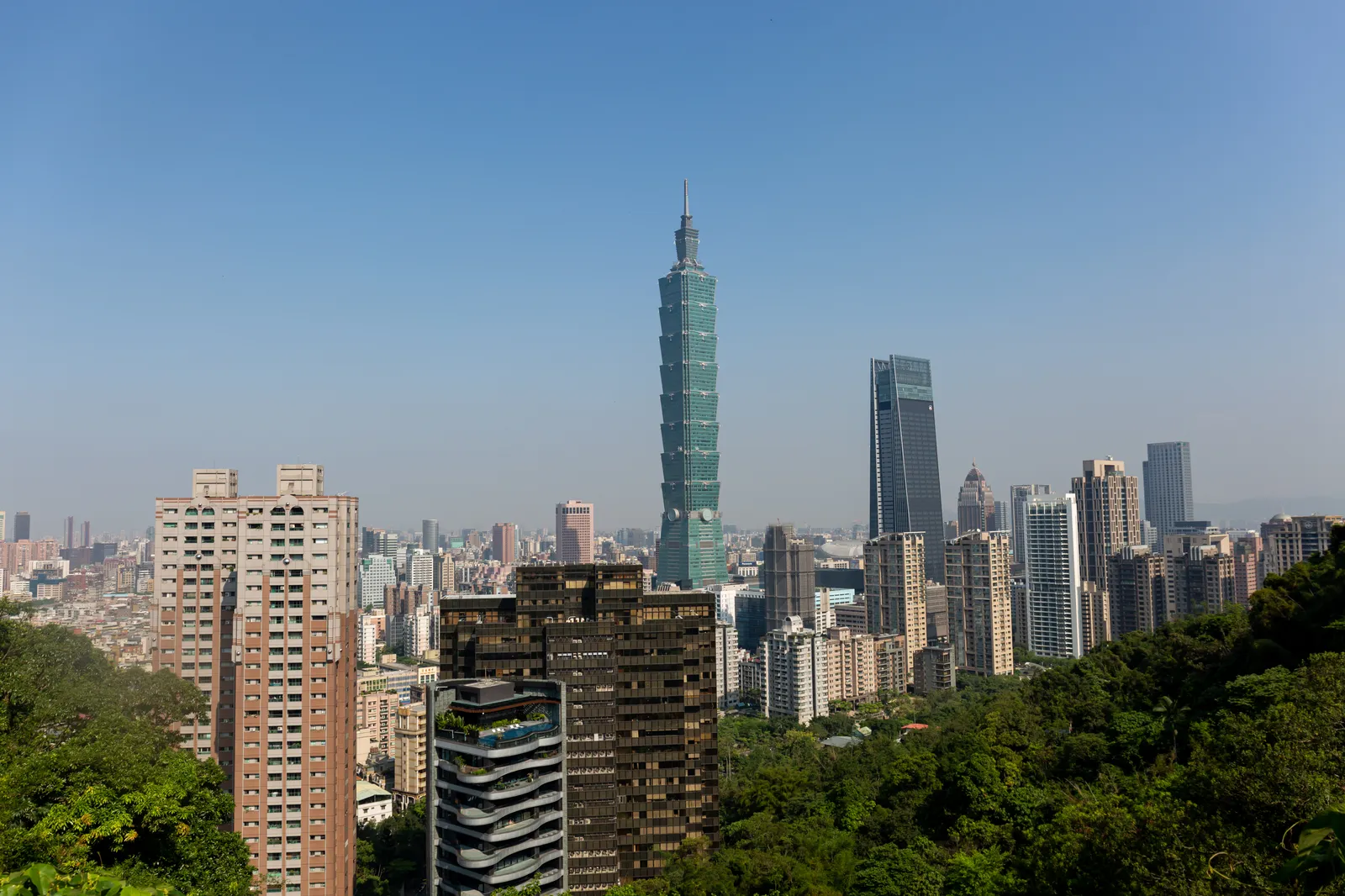Taipei 101 seen from the wooded slope of Elephant Mountain, with apartment blocks and office towers filling the basin below and hills on the horizon