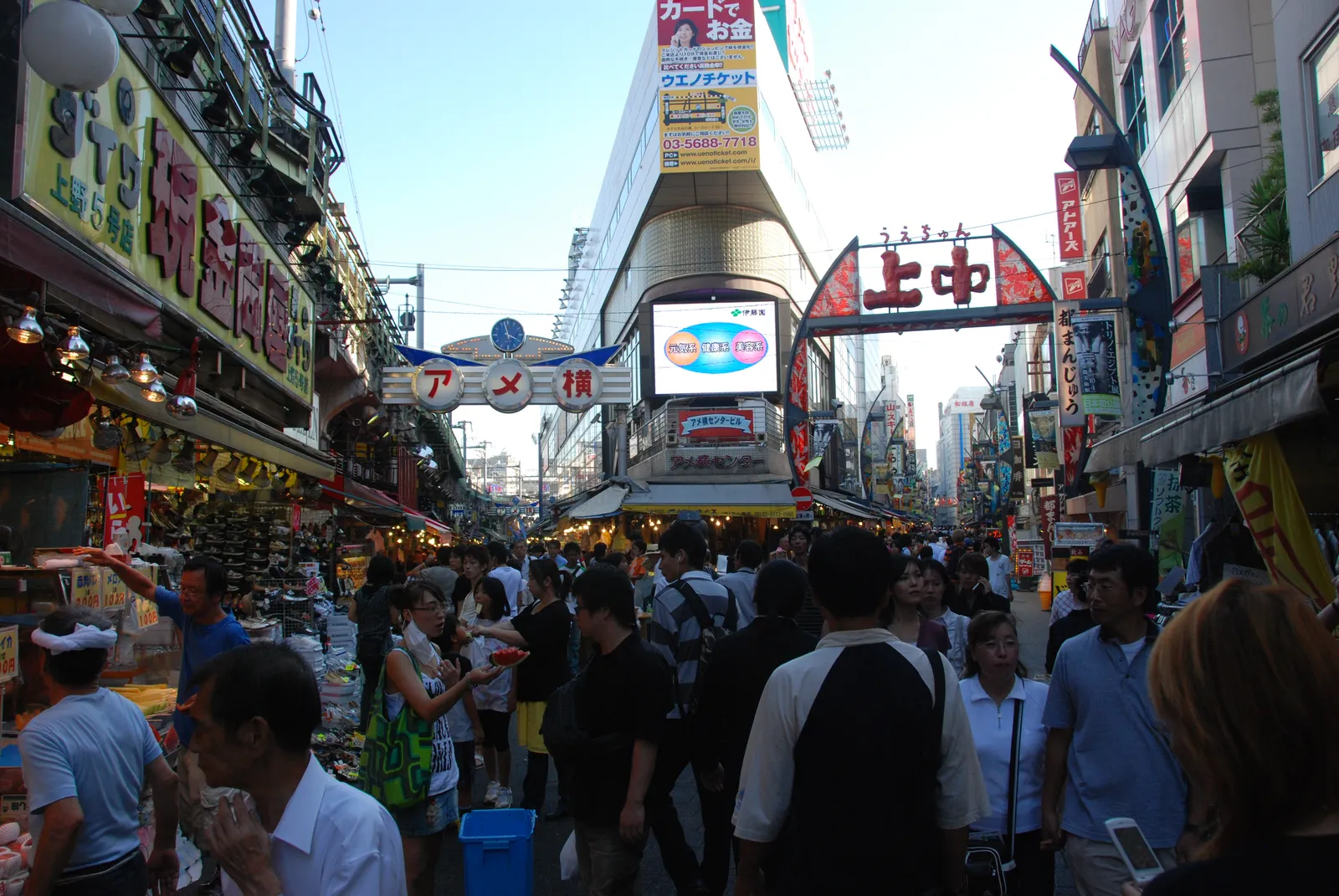The Ameyoko market lane beside Ueno station packed shoulder to shoulder with shoppers, stalls of food and goods under awnings down both sides and painted signboards strung overhead across the street