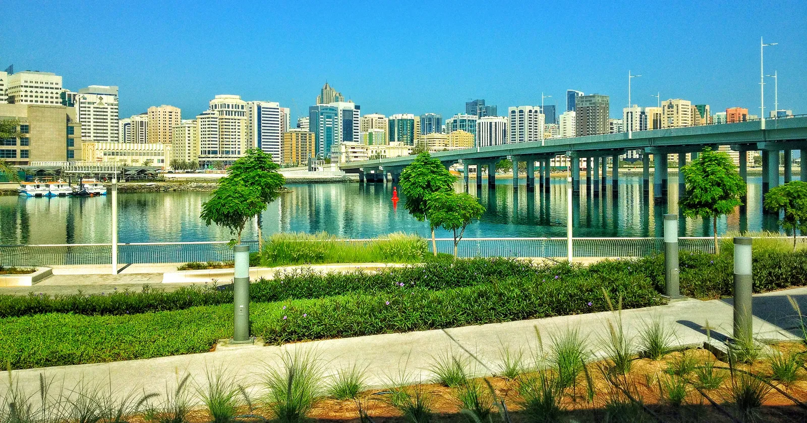 The planted waterfront walkway on Al Maryah Island in Abu Dhabi, with young trees and clipped hedges beside the path, the channel beyond it and the older city skyline and a road bridge across the water