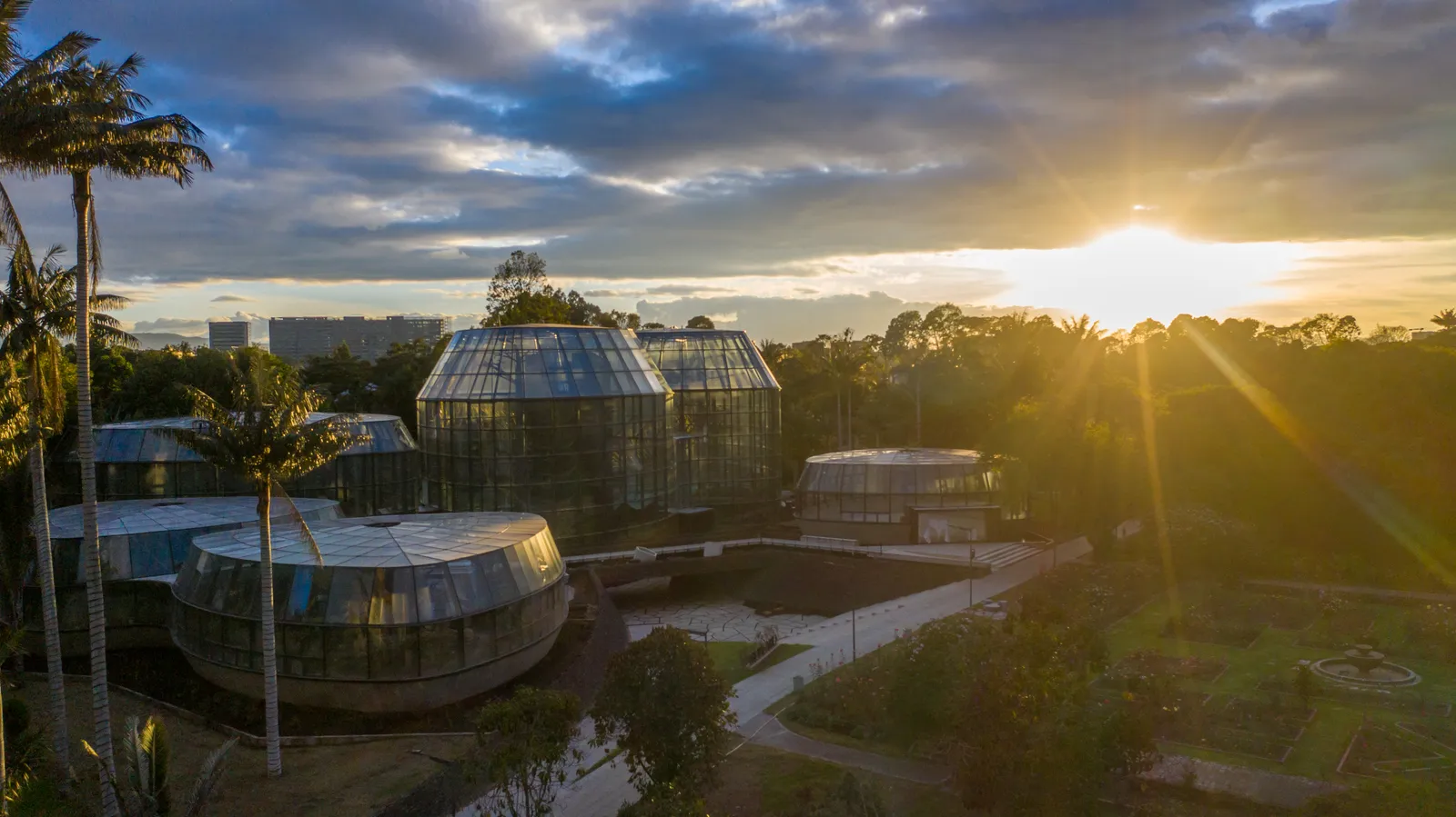 The Tropicario at Bogotá's botanical garden, a cluster of low glass and steel domes among palms and planting, photographed with the sun low behind them