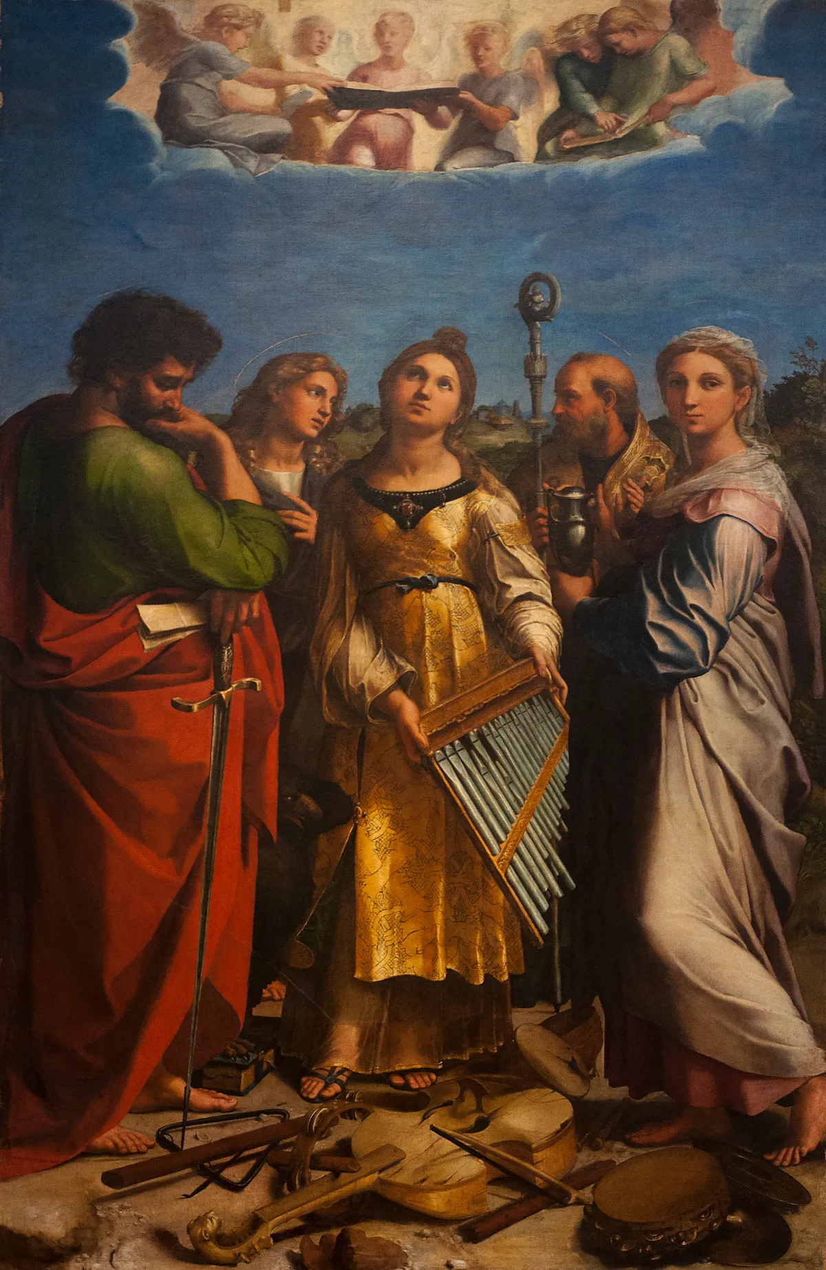 Raphael's Ecstasy of Saint Cecilia in the Pinacoteca Nazionale di Bologna, the saint in gold holding a small organ among four other saints, a choir of angels in the clouds above and broken instruments at their feet