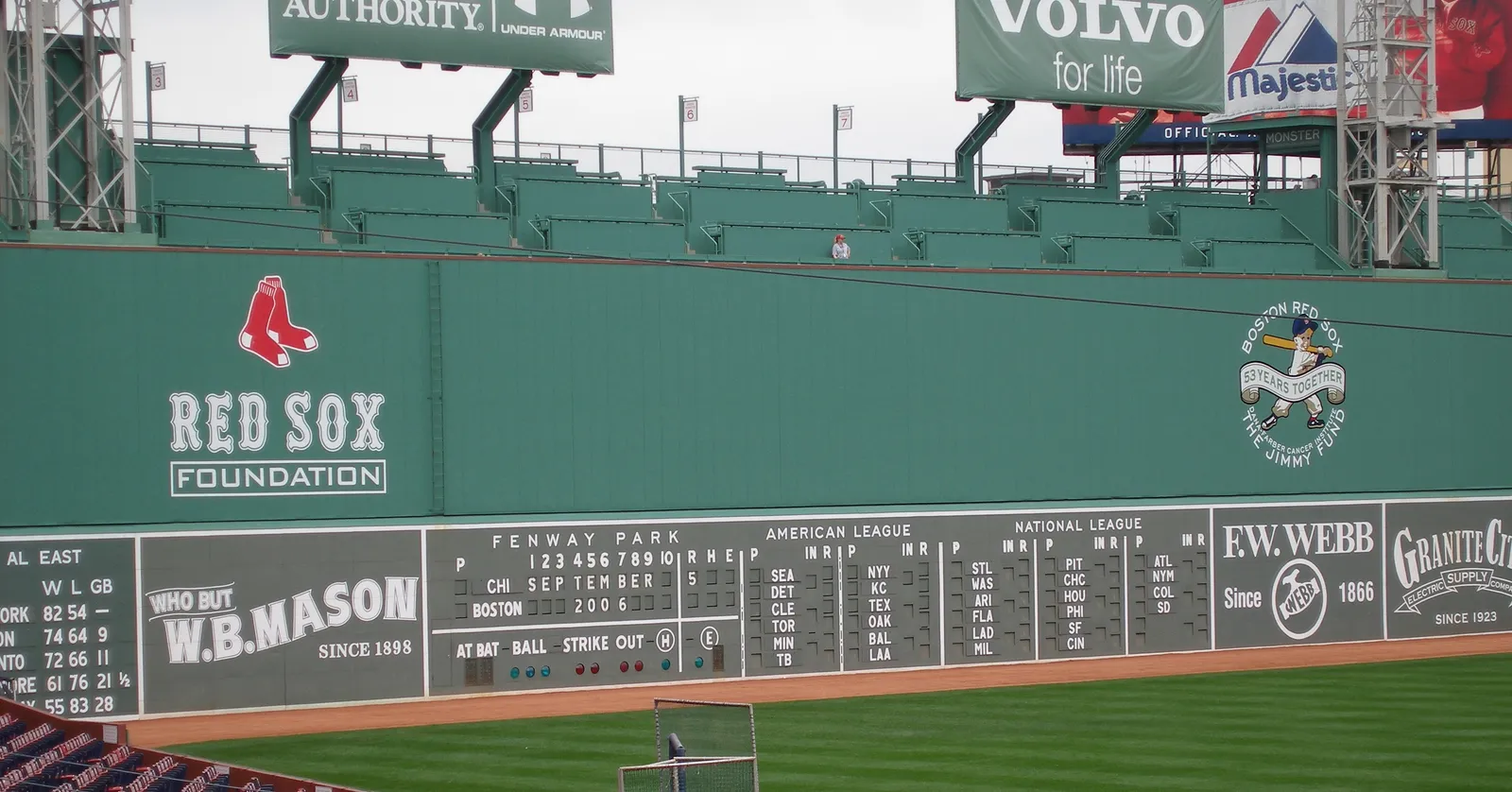 The Green Monster at Fenway Park in Boston, a tall green left-field wall with the hand-operated scoreboard along its base and advertising boards across the top