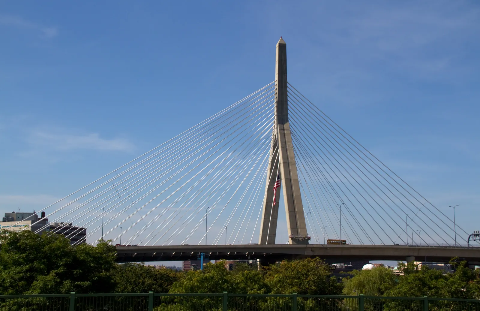 The Leonard P. Zakim Bunker Hill Memorial Bridge in Boston, a white inverted-Y tower carrying a fan of stay cables down to the deck over the Charles River