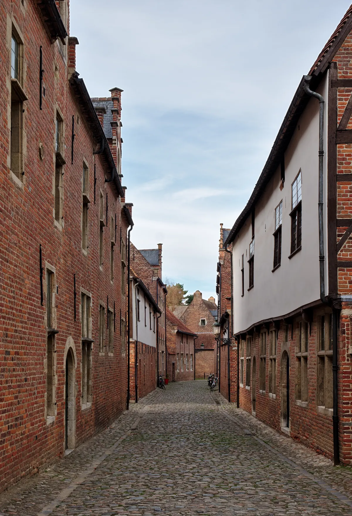 A narrow cobbled lane between red-brick houses in the Groot Begijnhof, a walled medieval quarter in Leuven, Belgium
