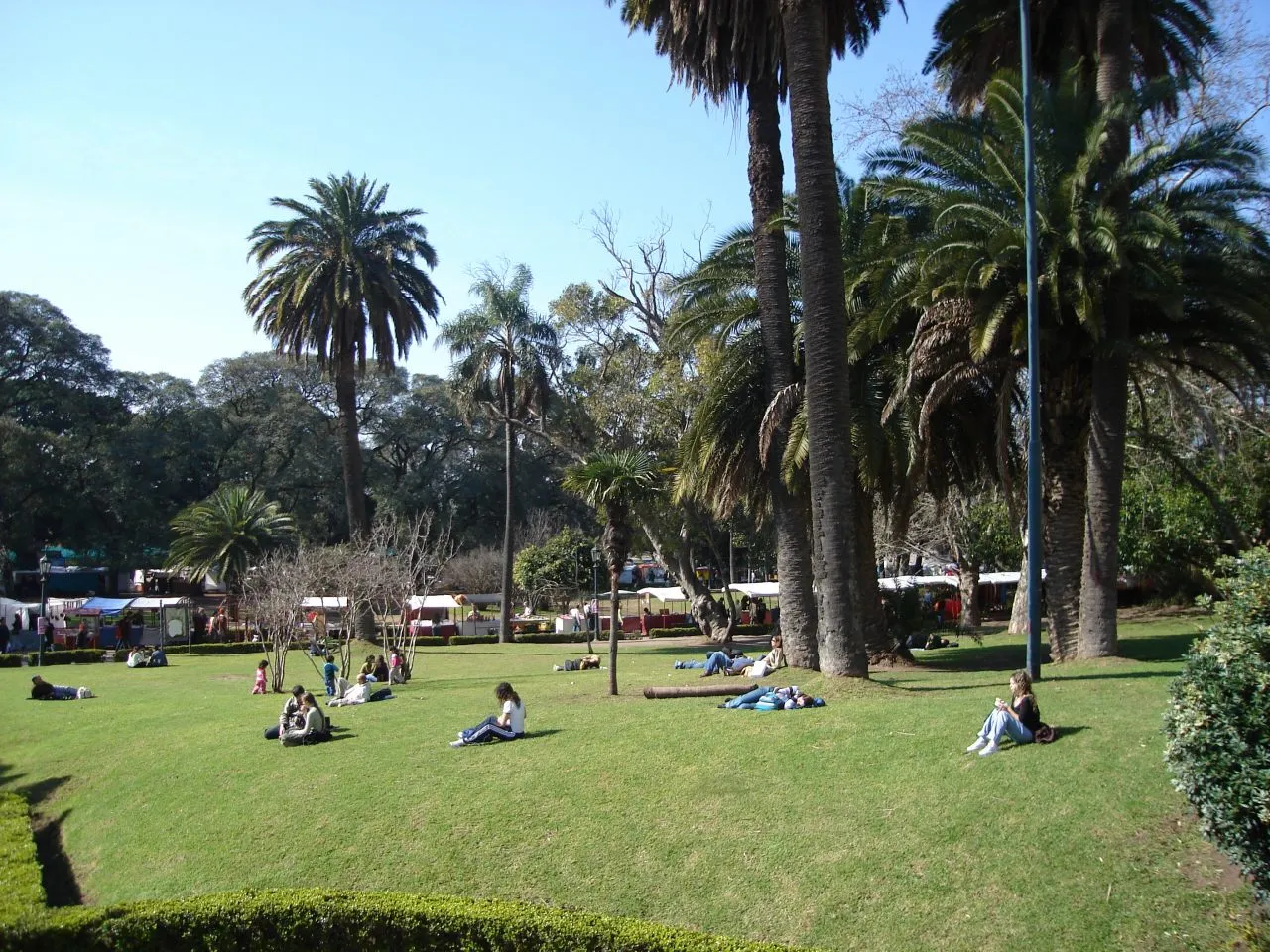 People sitting on the sloping lawn of Plaza Intendente Alvear in Buenos Aires under tall palms and bare winter trees, with the roofs of market stalls lined up along the path behind them