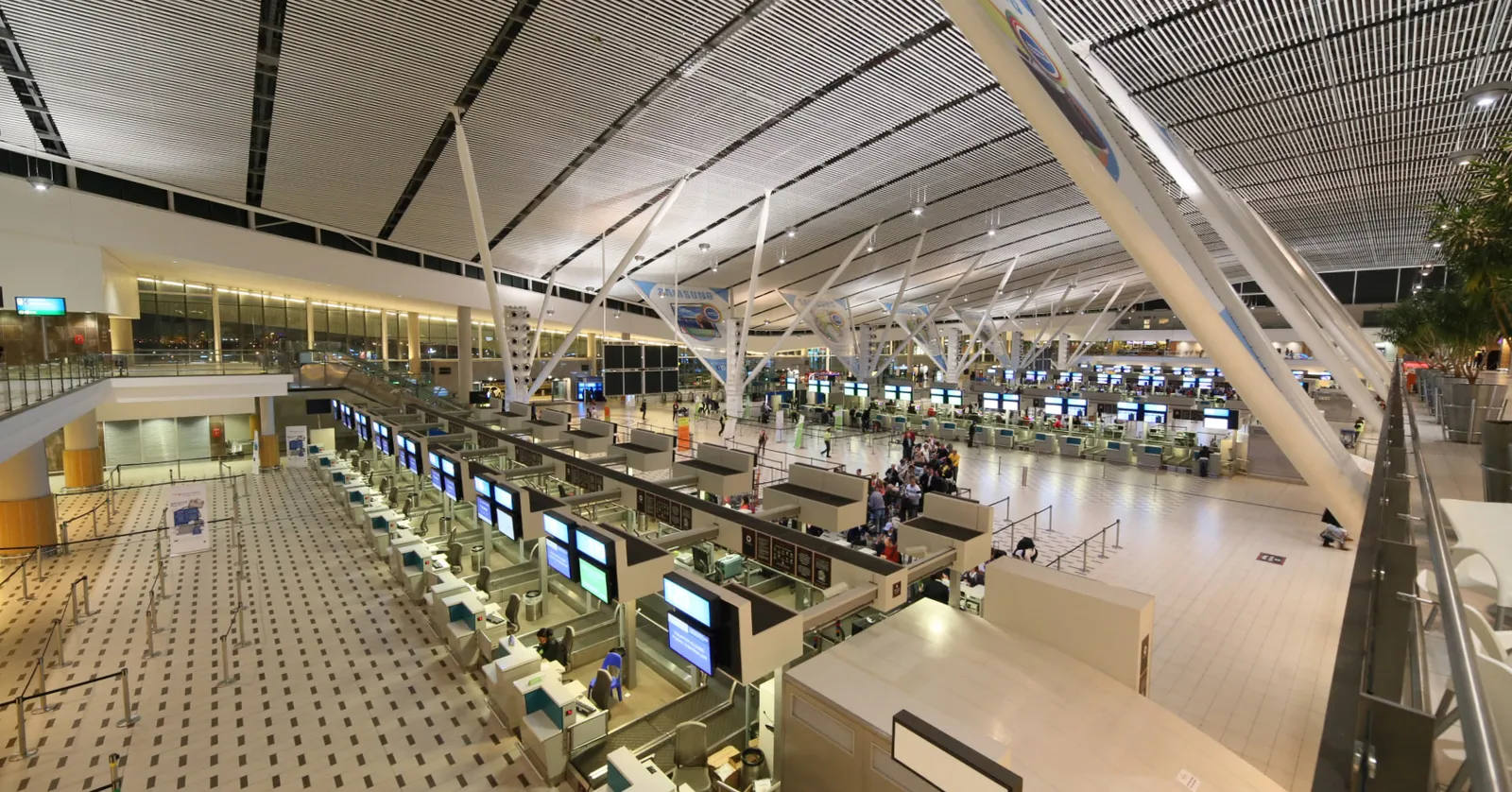 The check-in hall of Cape Town International Airport's central terminal seen from the level above, long rows of check-in desks with screens under a high slatted ceiling held up by slanting white steel columns