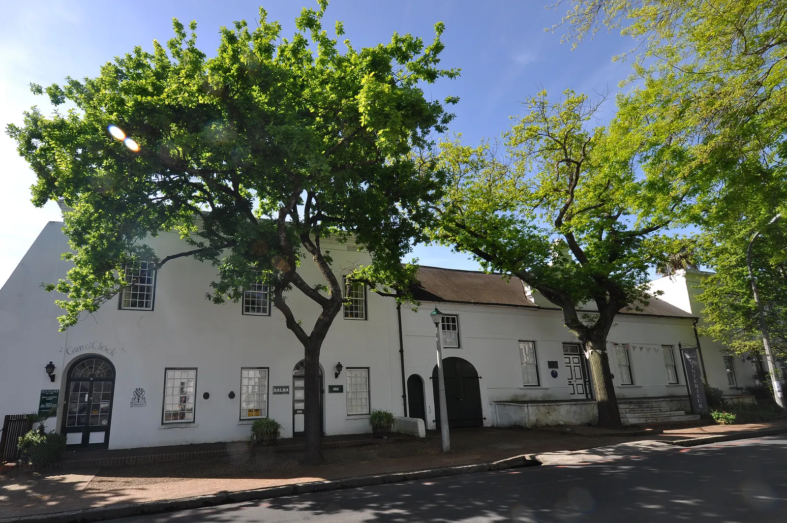 Whitewashed gabled houses with arched doorways along Dorp Street in Stellenbosch, shaded by large oak trees under a blue sky