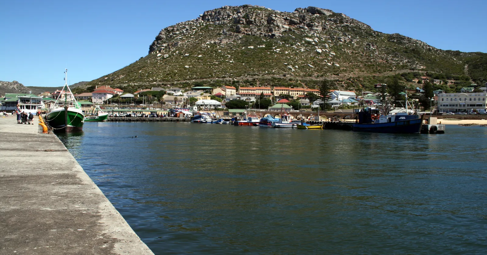Kalk Bay harbour in Cape Town seen from the breakwater quay, a green fishing boat moored on the left and a line of small boats and trawlers across the basin, with the village's houses and the rocky slope of the mountain rising behind