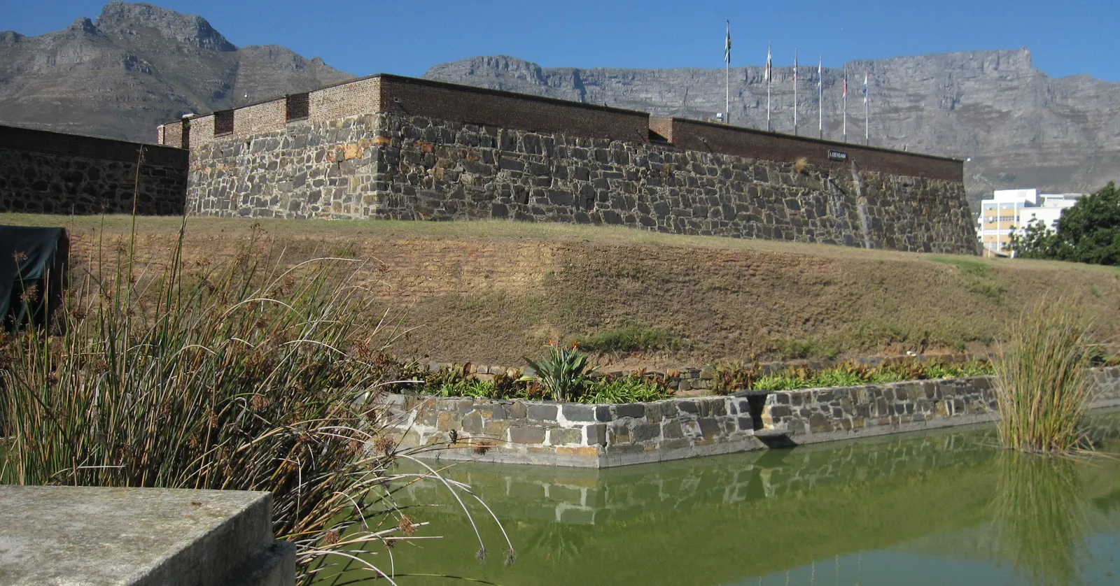 The stone and brick wall of a bastion at the Castle of Good Hope in Cape Town, rising from a grassy bank above a green moat, with flags on the ramparts and the flat top of Table Mountain behind under a blue sky