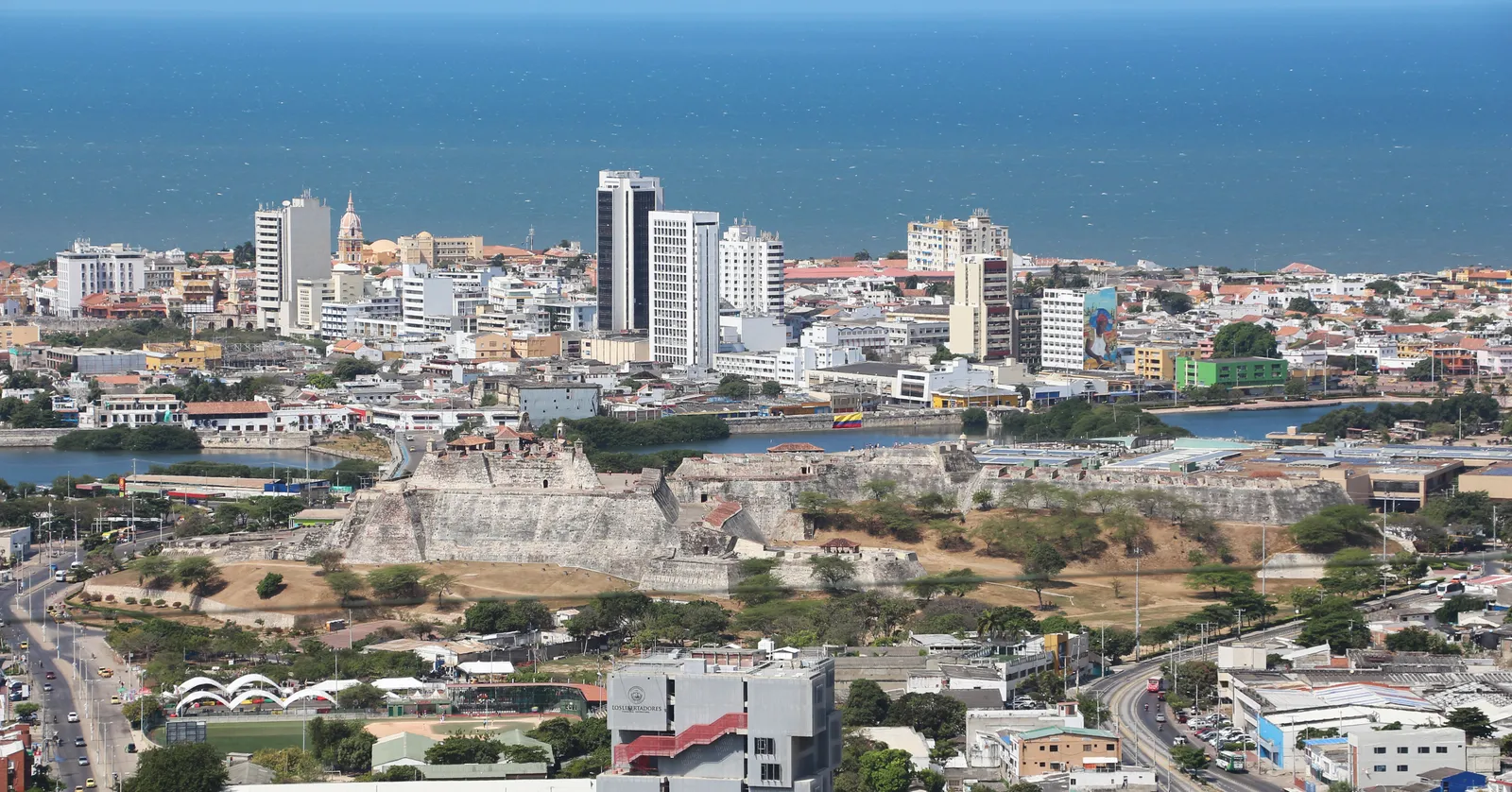 A panoramic view of Cartagena's coastline, skyline and San Felipe Castle seen from the hilltop of Convento de la Popa