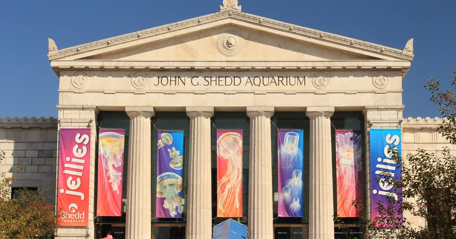 The limestone front of the John G. Shedd Aquarium in Chicago, a classical pediment and Doric columns with the name carved across the entablature and printed banners hung between the columns