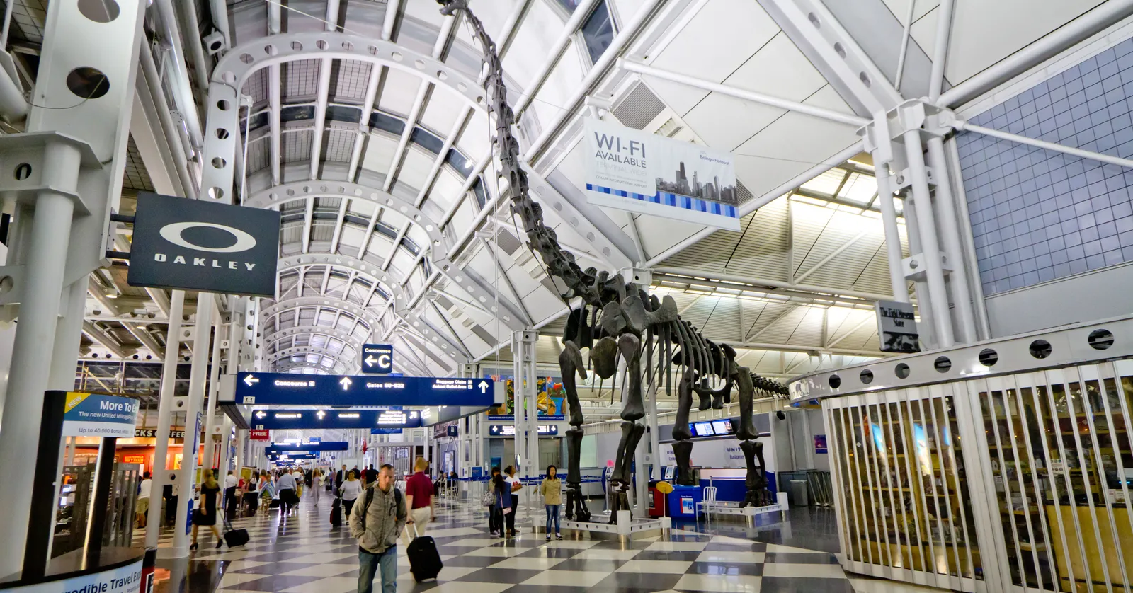 The Brachiosaurus skeleton towering over the checkerboard floor of the glass-roofed concourse in Terminal 1 at Chicago O'Hare, with travelers walking beneath it