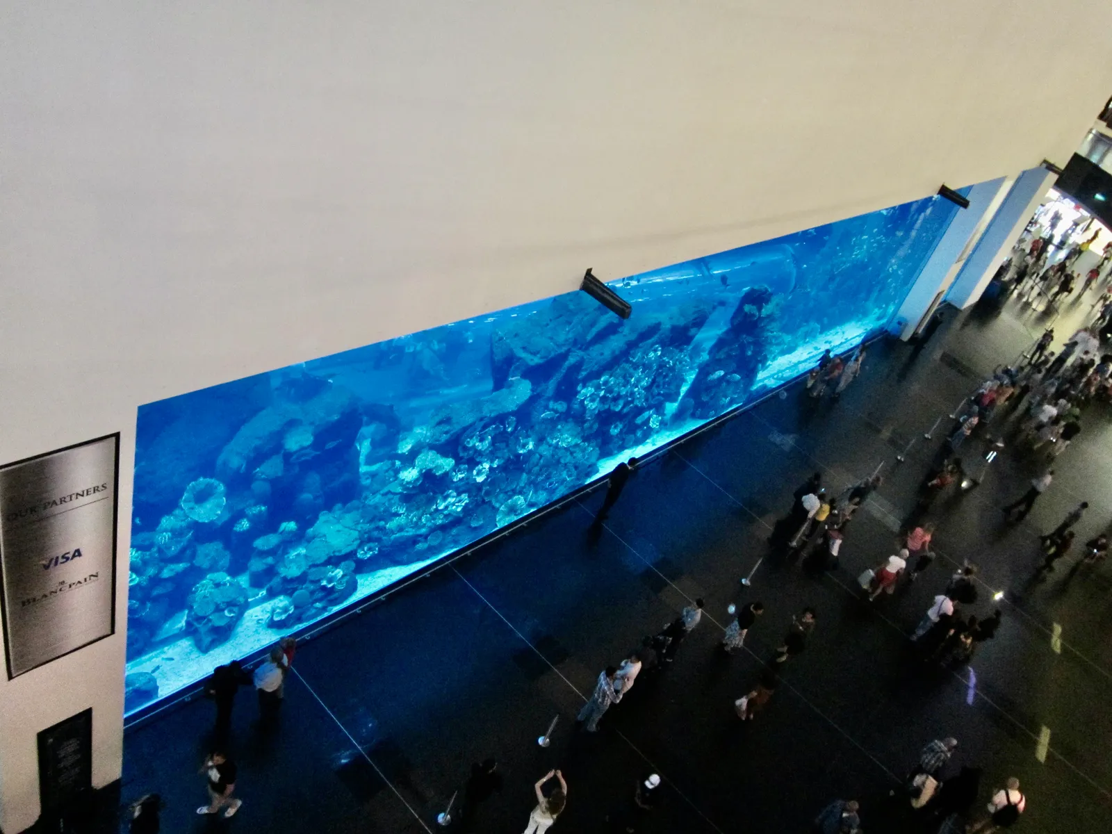 The long acrylic viewing panel of the Dubai Aquarium inside Dubai Mall, a wall of blue water and coral seen from an upper floor with shoppers gathered along its base