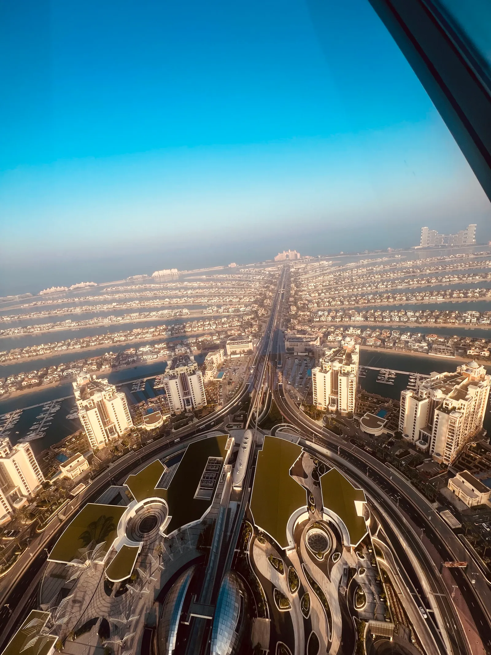 Looking down from the observation deck of The Palm Tower along Palm Jumeirah's central trunk, with the fronds fanning out on both sides and Atlantis on the crescent at the far end