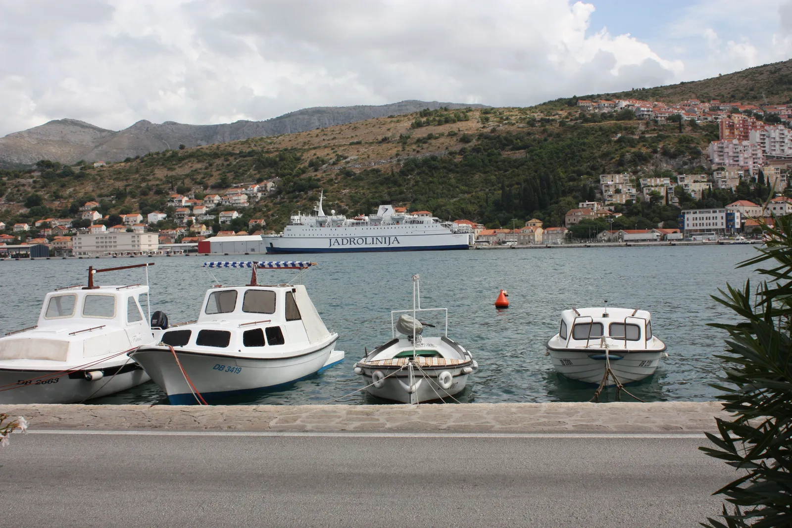 Small white fishing boats moored along the Gruž waterfront in Dubrovnik with a Jadrolinija ferry tied up across the water and bare hillsides rising behind the town