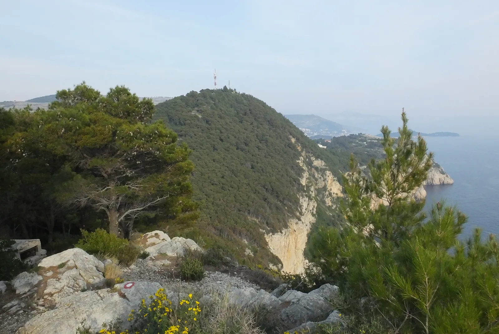 The pine-covered hill of Velika Petka above Dubrovnik seen from the neighbouring ridge, white limestone cliffs dropping to the sea on the right and a radio mast on the wooded summit