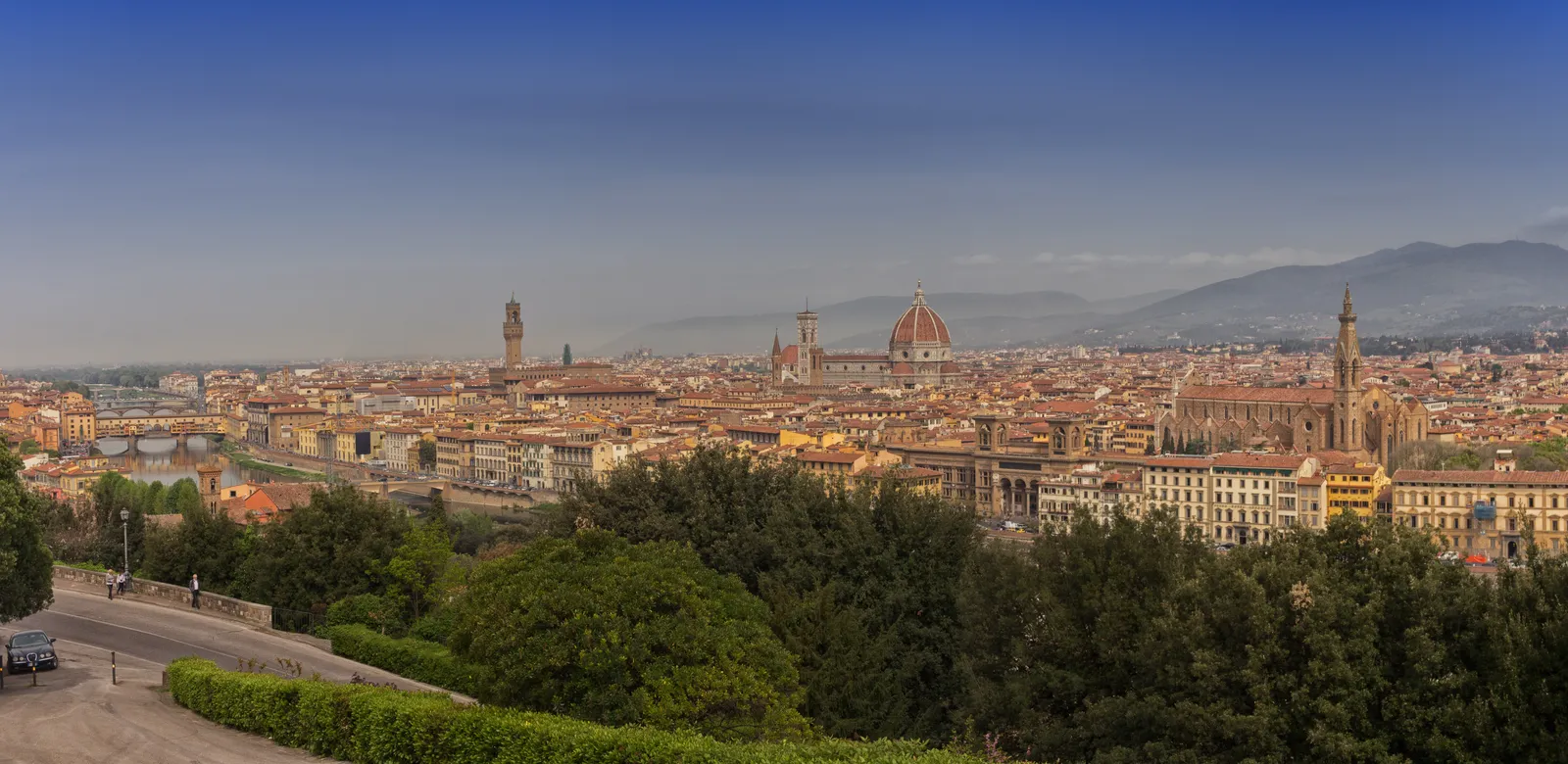Daytime view of Florence's skyline from Piazzale Michelangelo showing the Duomo, Palazzo Vecchio, and Ponte Vecchio