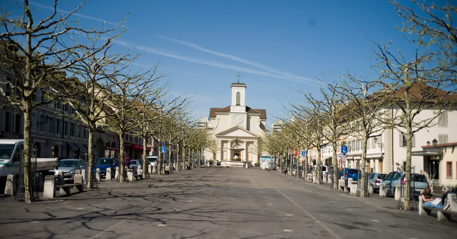 The long tree-lined Place du Marché in Carouge, rows of pollarded planes down both sides and the white church of Sainte-Croix closing the far end