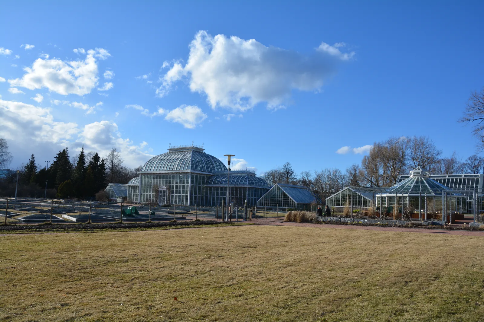The glasshouses at Kaisaniemi Botanic Garden in Helsinki, a tall domed palm house in white-painted iron and glass with lower glazed wings running off to the right, across an open lawn under a blue sky