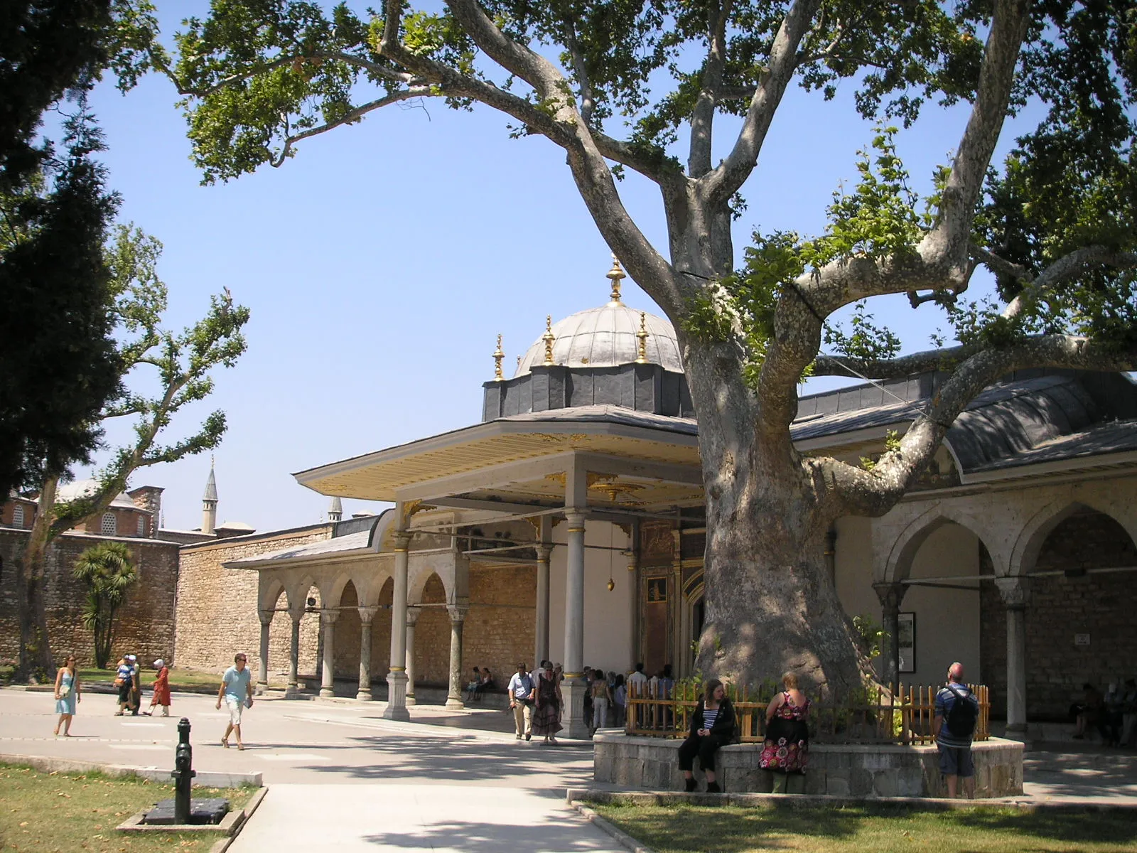 The Gate of Felicity at Topkapı Palace, a domed marble canopy on slim columns set into the courtyard wall, with a huge plane tree spreading over it and visitors crossing the gravel in front