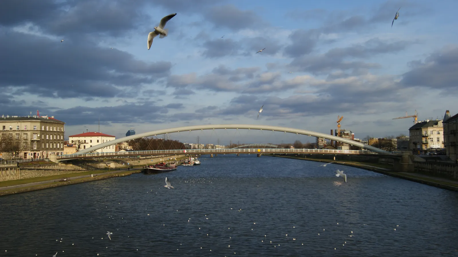 The Father Bernatek footbridge over the Vistula in Kraków, a white steel arch spanning the river between low banks with walkways slung beneath it, gulls over the water and townhouses along both sides
