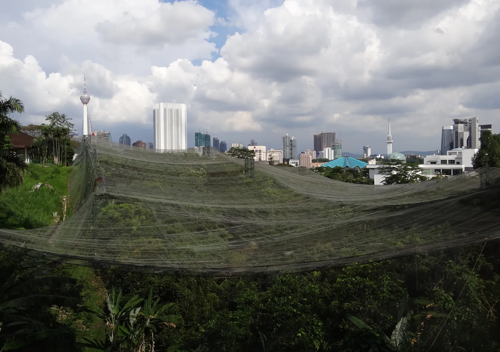 The mesh canopy of Kuala Lumpur Bird Park slung across a wooded valley, with the tapered shaft of the Kuala Lumpur Tower and city office blocks on the skyline behind it