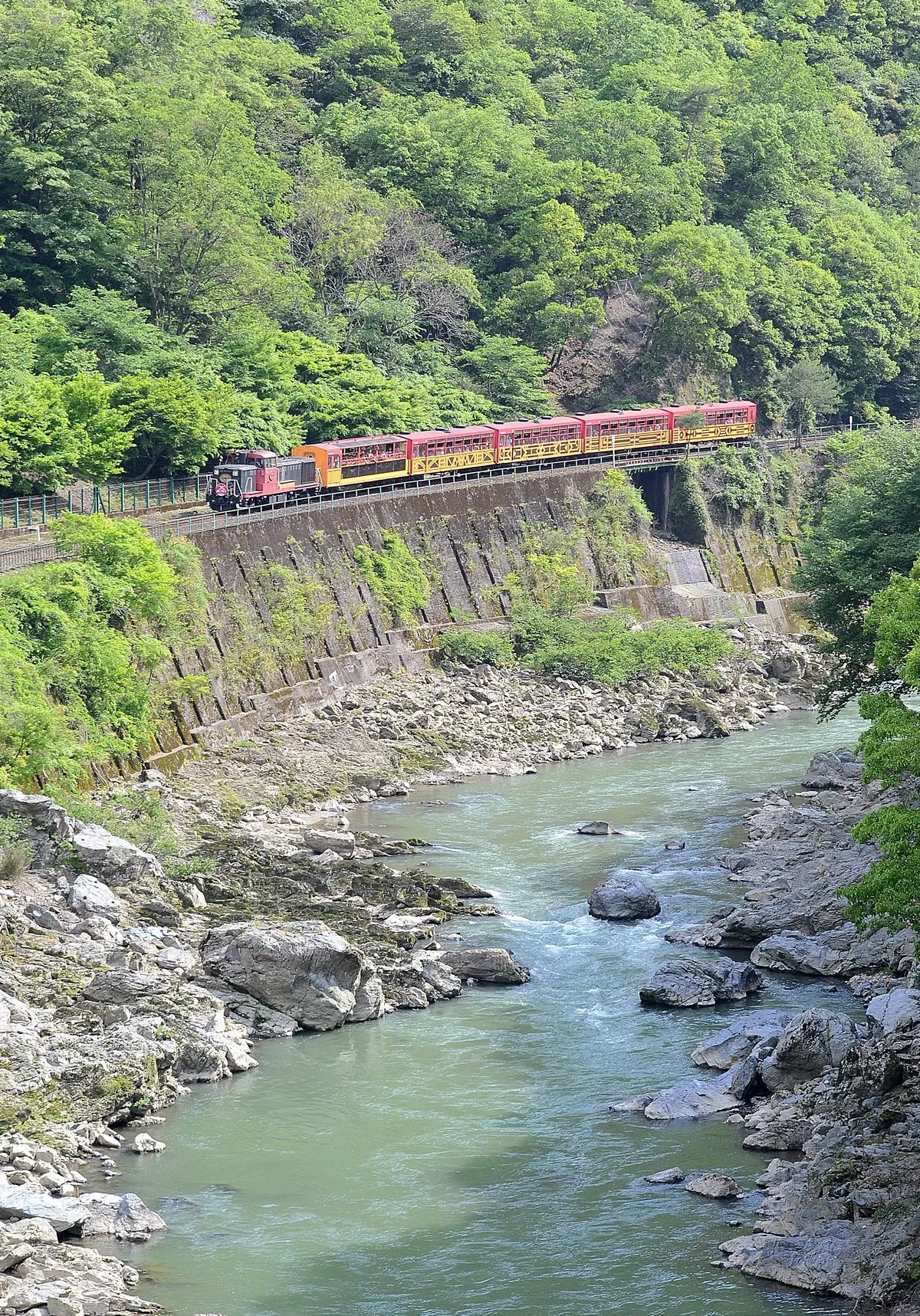A red and yellow scenic train running along a ledge cut into the wooded wall of the Hozu gorge in Kyoto, with the green river and its boulders in the valley below