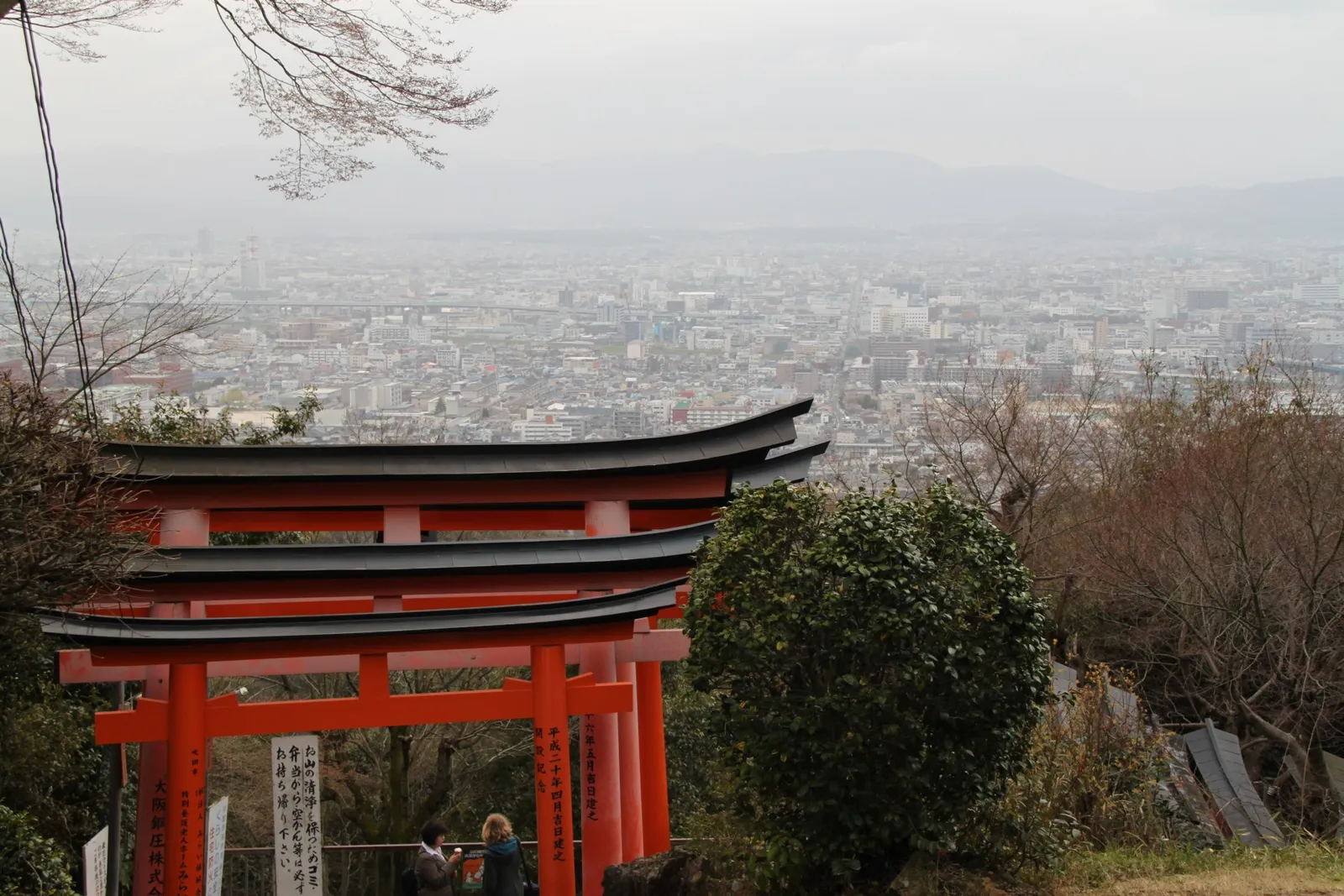 Vermilion torii gates standing on the wooded slope of Mount Inari in Kyoto, with the flat grey sprawl of the southern city and distant hills spread out behind them