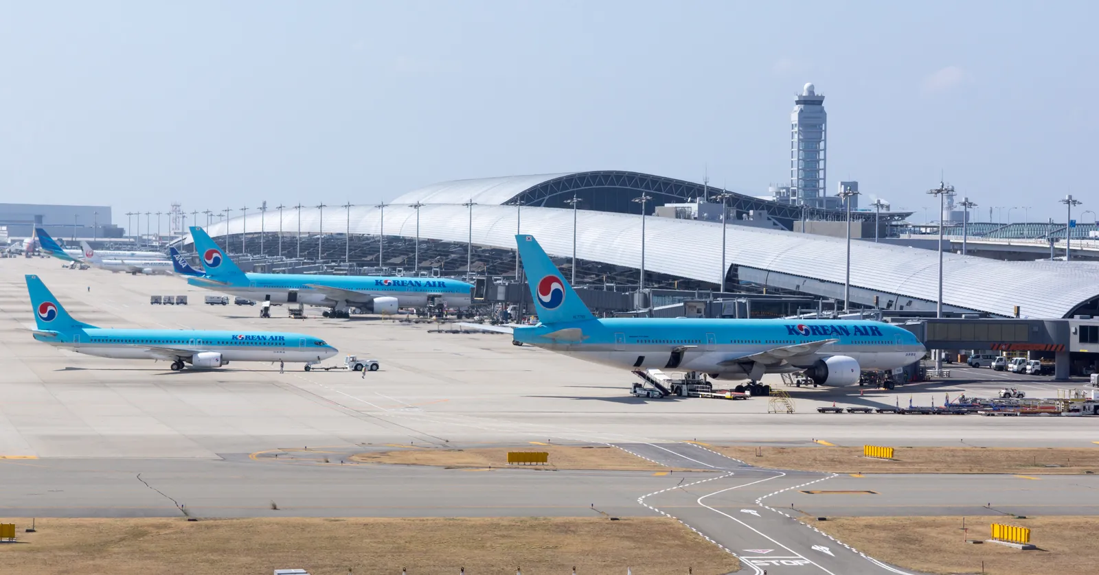 Kansai airport's Terminal 1 seen across the apron from the observation hall, its long low wave-shaped roof running the width of the frame behind a line of parked airliners, with the control tower above