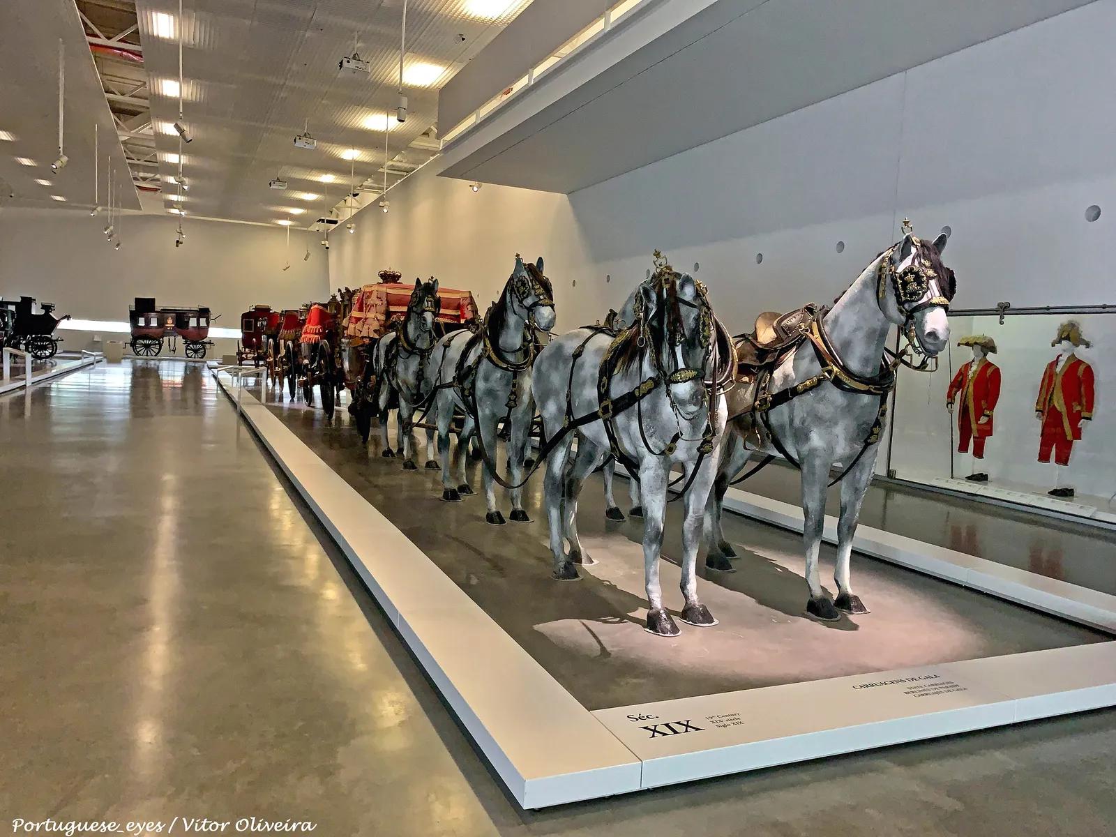 A line of gilded state carriages with model horses in harness inside the National Coach Museum gallery in Belém, Lisbon