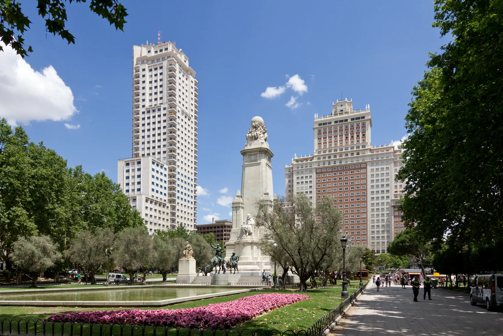 The monument and gardens of Plaza de España in Madrid with Torre de Madrid and Edificio España behind