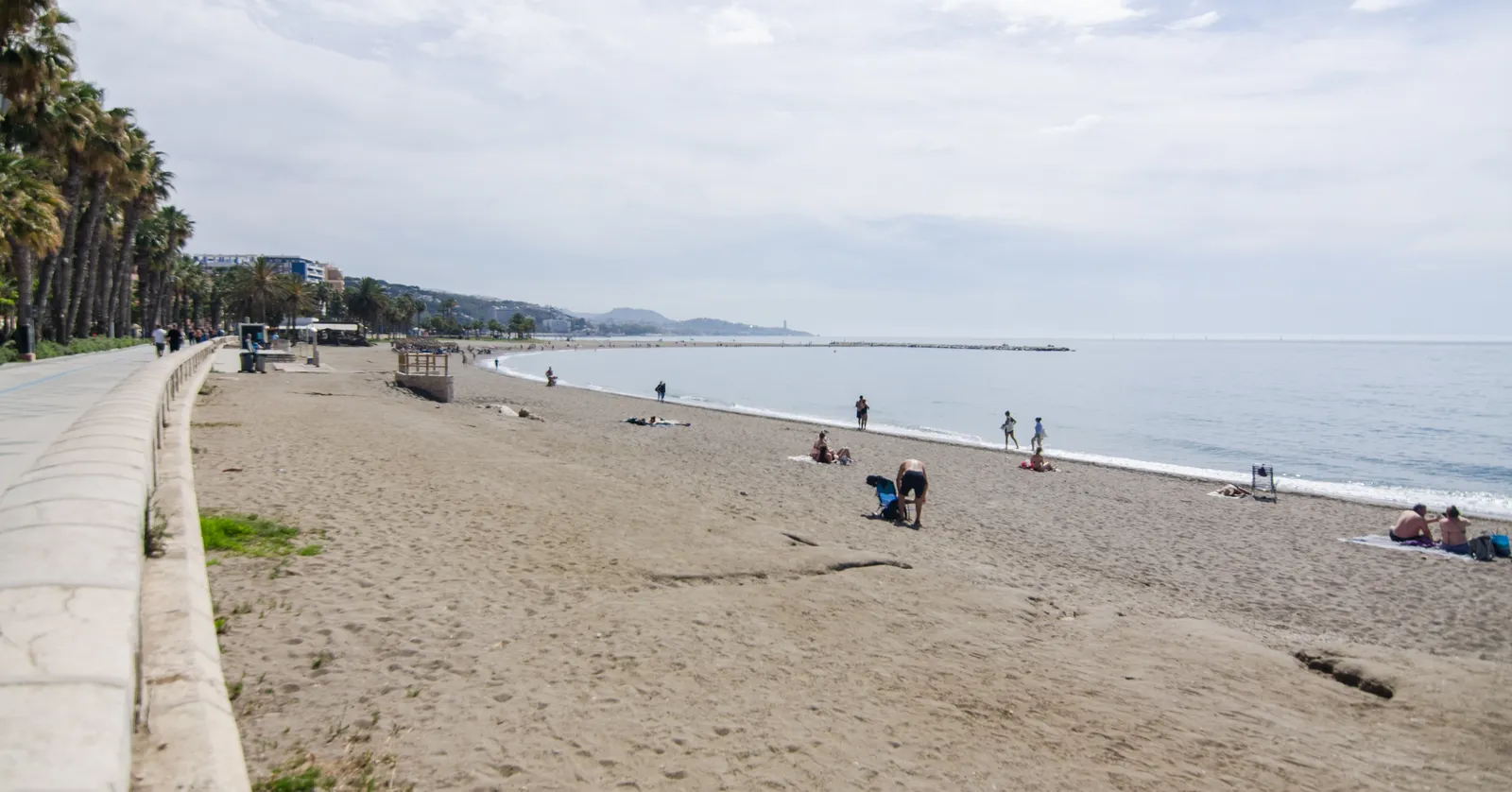 La Malagueta beach in Málaga, a sandy stretch beside a palm-lined promenade with people sunbathing and the coastline curving into the distance
