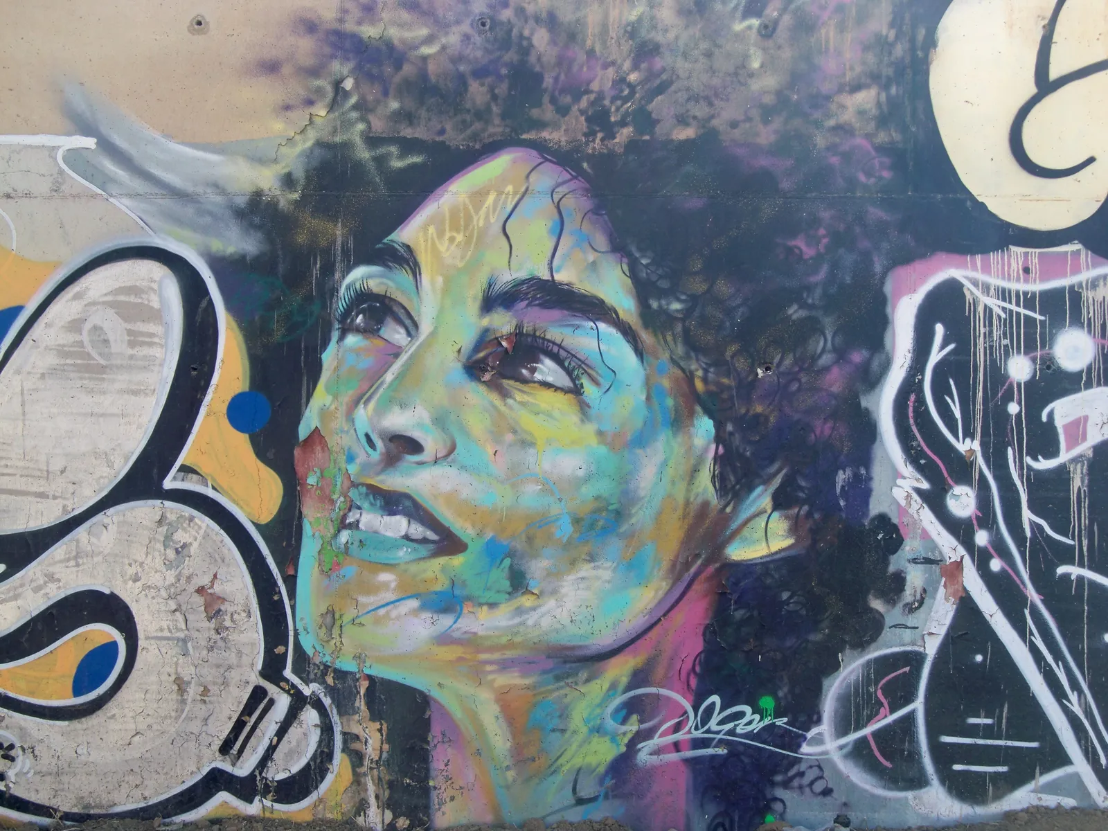 A large, colorful portrait mural of a woman's face by the artist Doger on a wall near the Guadalmedina riverbed in Málaga
