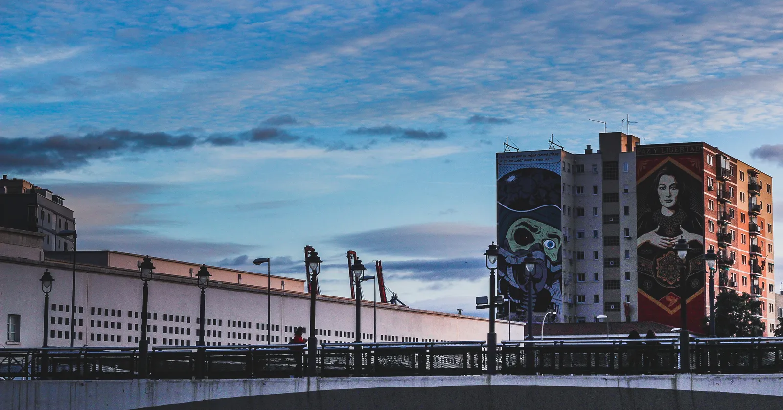 A ten-storey apartment building in Málaga's Soho district covered by a large mural of a skull-faced figure and a woman's portrait, photographed at dusk