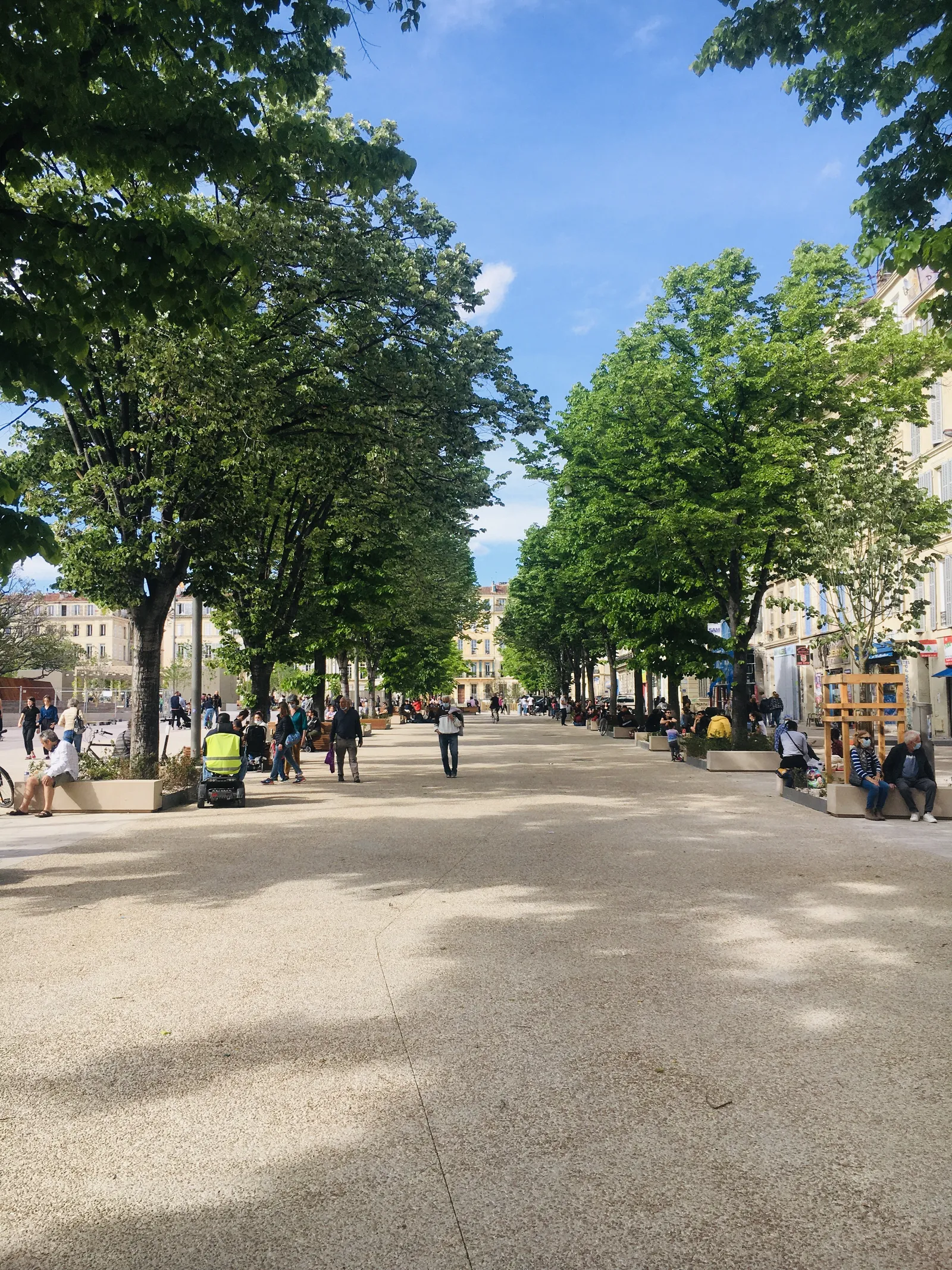 The rebuilt esplanade of Place Jean-Jaurès in Marseille, a wide pale surface running between two rows of plane trees with people walking and sitting along the edges