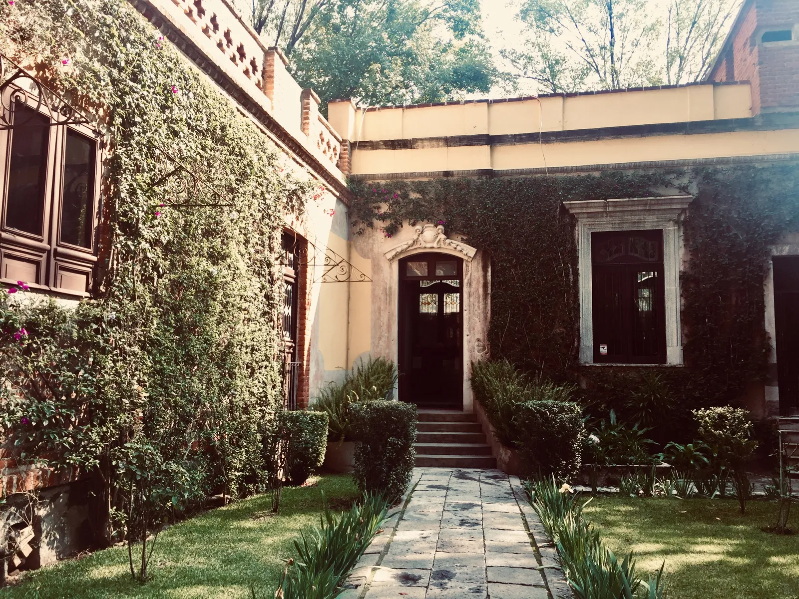 The ivy-covered walls and garden path of Leon Trotsky's house museum on Calle Viena in Coyoacán, Mexico City, leading to a dark wooden door
