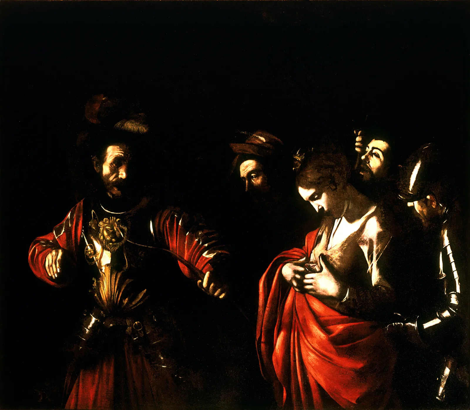 Caravaggio's Martyrdom of Saint Ursula, four figures emerging from near-total darkness as an arrow strikes a woman in a red cloak at close range