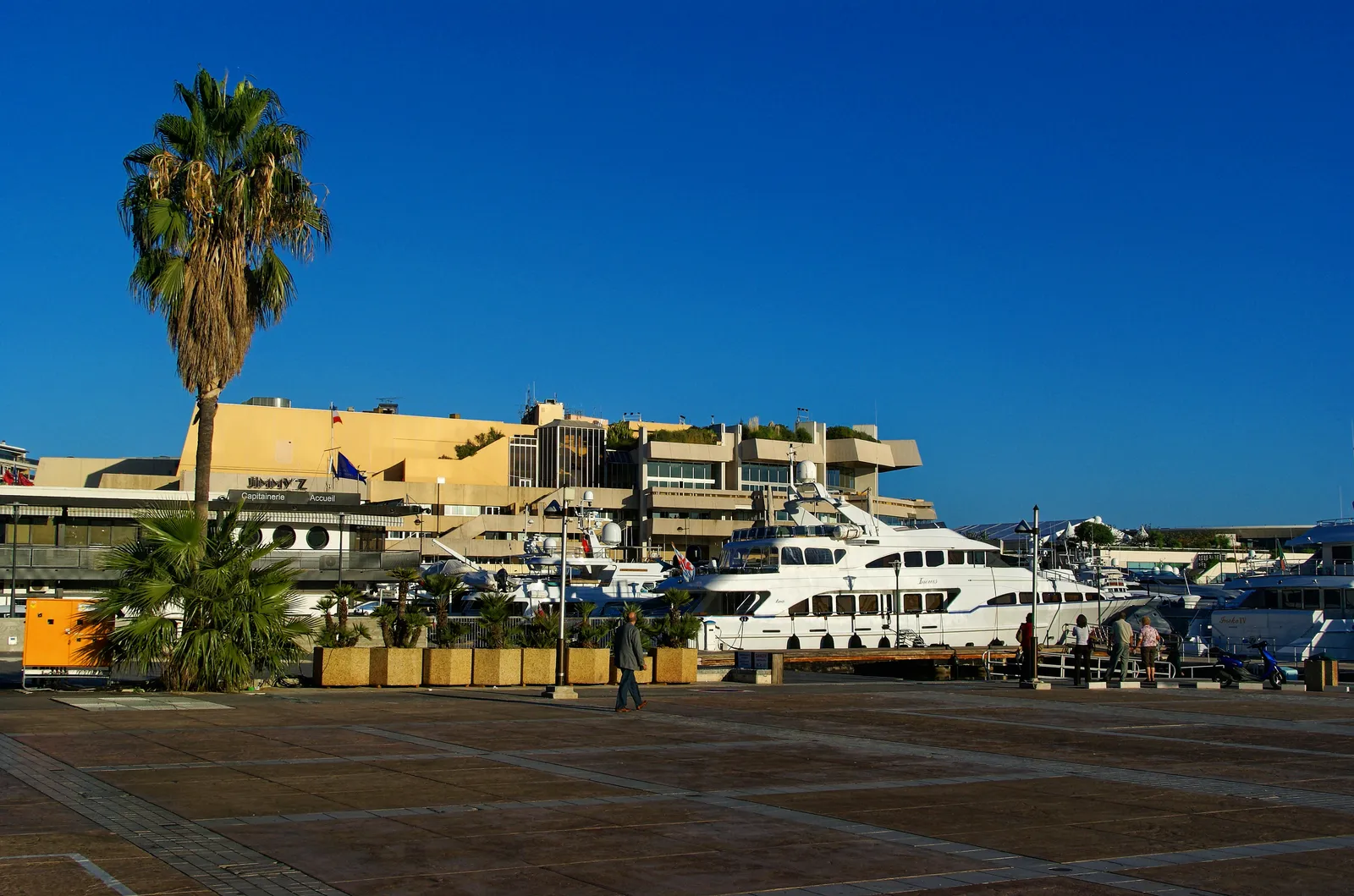 The Palais des Festivals in Cannes, the low cream-coloured building where the film festival is held, seen across a wide square with palm trees and yachts in the harbour beside it