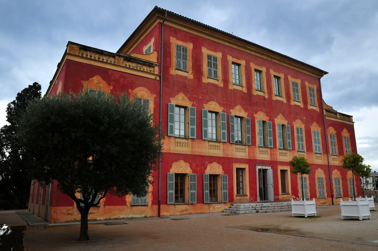 The red Genoese-style villa housing the Matisse Museum in Nice's Cimiez district, with an olive tree in front
