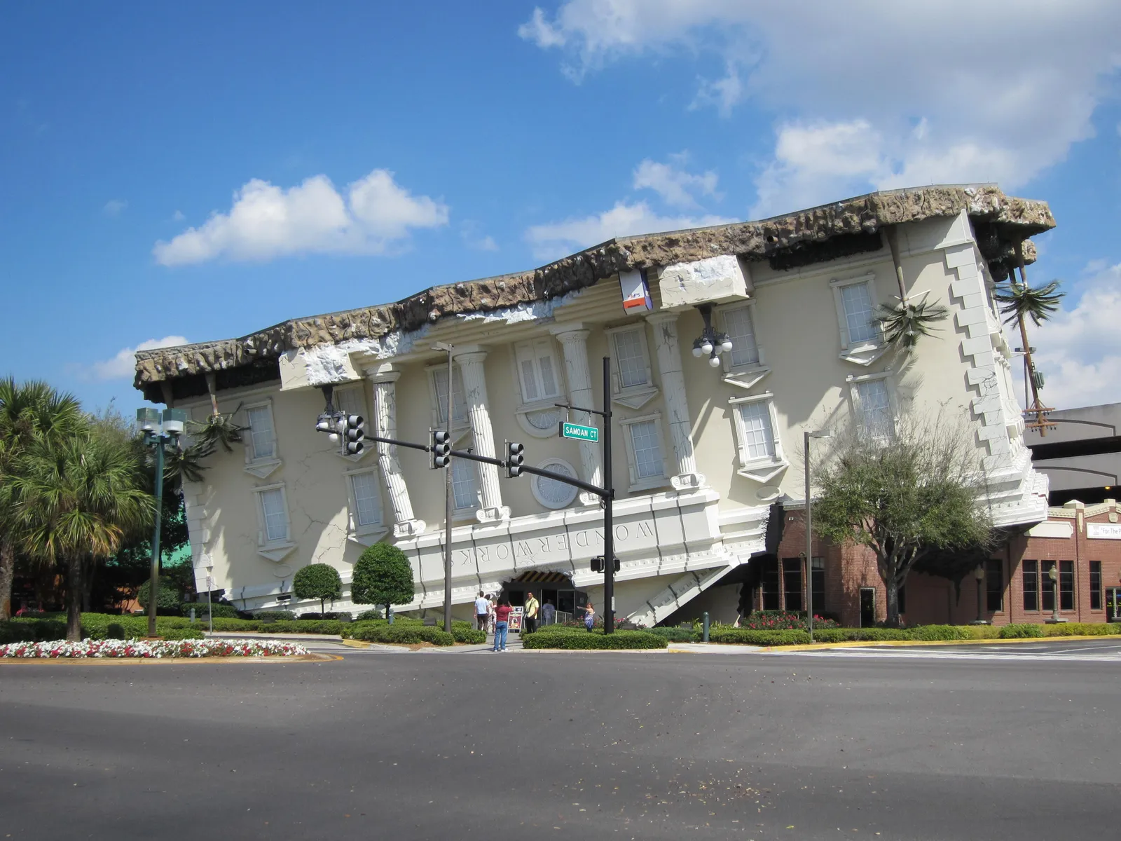 The WonderWorks building on International Drive in Orlando, a neoclassical facade built to look as though it has been turned upside down and dropped on the street corner