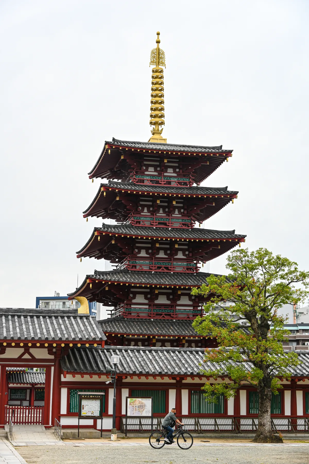 The five-storey pagoda at Shitennoji in daylight, white walls and red timber under five tiers of grey tiled roof with a gilded finial on top, standing behind the temple's roofed cloister wall
