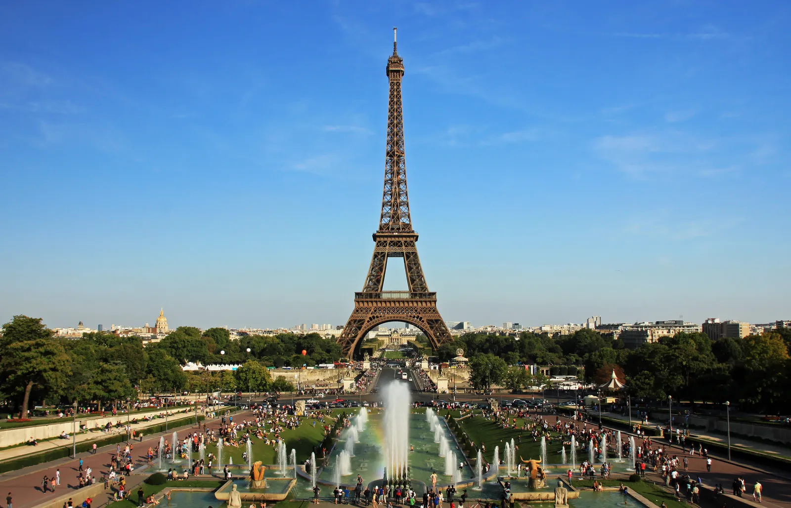The Eiffel Tower seen from the Trocadéro esplanade across the fountains of the Jardins du Trocadéro