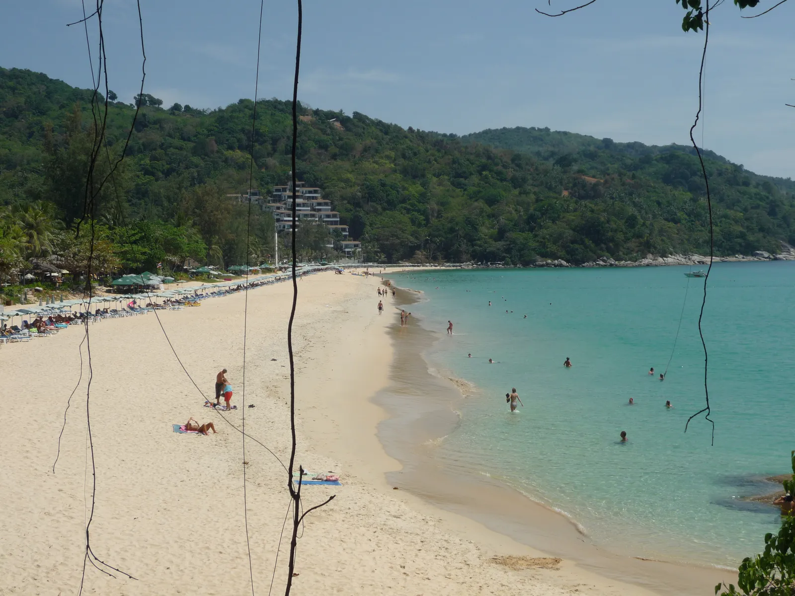 Kata Beach in Phuket seen through trees from the northern end, a crescent of white sand with rows of blue sun loungers, swimmers in clear turquoise water and wooded hills closing the bay
