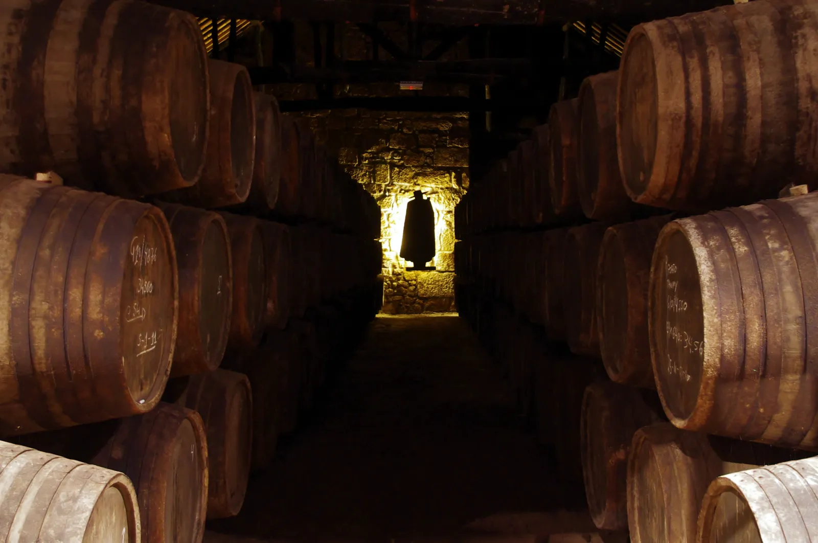 Rows of stacked oak port barrels receding into a dimly lit stone ageing cellar in Vila Nova de Gaia
