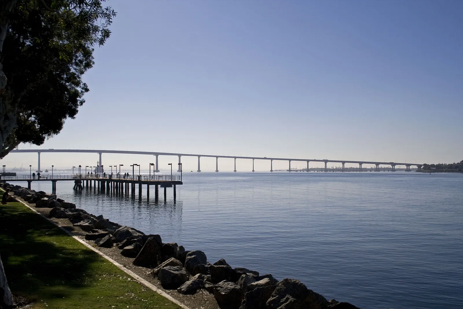 The San Diego-Coronado Bridge curving low across the bay, seen from a grassy shoreline on the Coronado side with a small fishing pier in the foreground